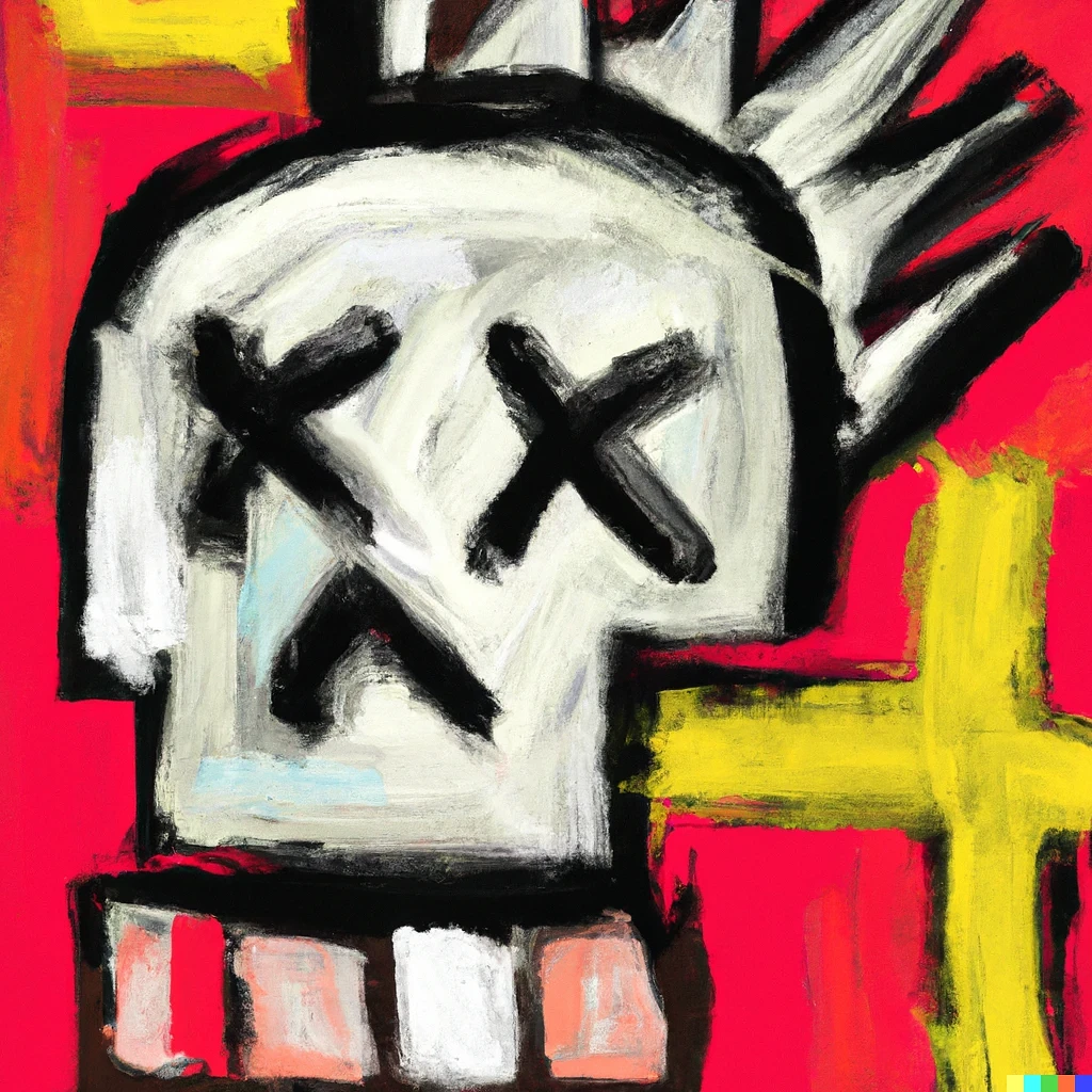 A Basquiat style painting of a skull