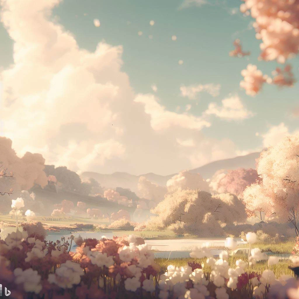 spring landscape, cinematic, 8k, detailed, realistic, octane render, flowers, skies, cream colors, in style watercolors, anime