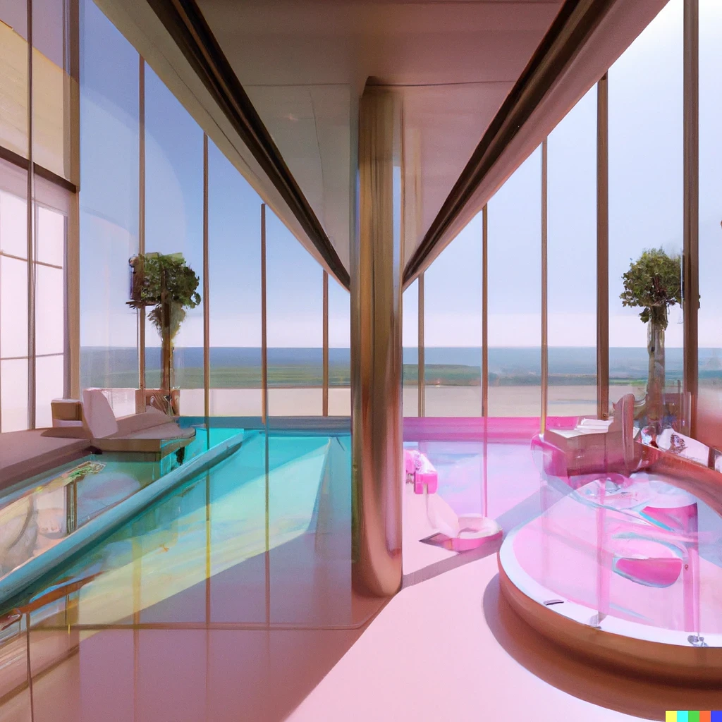 a sunlit indoor lounge area with a pool with clear water and another pool with translucent pastel pink water, next to a big window, digital art