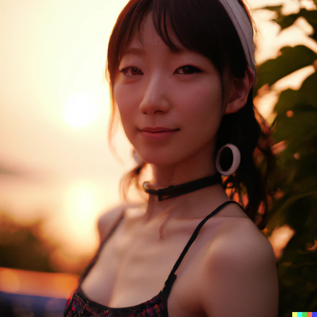 a medium-full-shot, movie poster studio photographic portrait of perfect beautiful Korean women wearing strapless and tiny short pant, outdoors, sunset photo at golden hours, depth of field, Bokeh, shot on Leica Q2, on Flickr
